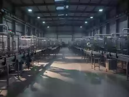 Moderne, leere Industriehalle mit komplexen Produktionsmaschinen in einer Fertigungsanlage bei Dämmerung. - Foto: über boerse-global.de