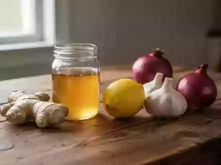 Arrangement aus Honig, Ingwer, Zitrone, Knoblauch und Zwiebel auf einem rustikalen Holztisch bei natürlichem Licht. - Foto: über boerse-global.de