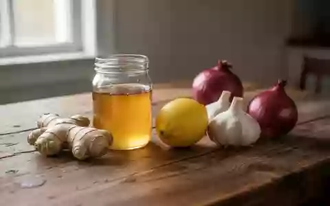Arrangement aus Honig, Ingwer, Zitrone, Knoblauch und Zwiebel auf einem rustikalen Holztisch bei natürlichem Licht. - Foto: über boerse-global.de