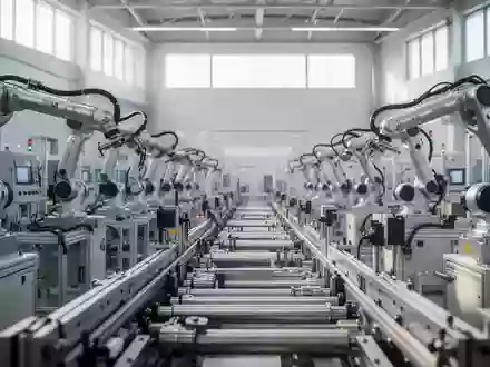 Eine moderne, automatisierte Fertigungshalle mit prĂ€zisen Maschinen und Industrierobotern in einer sauberen Arbeitsumgebung. - Foto: ĂŒber boerse-global.de