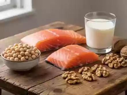 Eine Auswahl gesunder Lebensmittel wie Hülsenfrüchte, Fisch und Milchprodukte auf einem Holztisch. - Foto: über boerse-global.de
