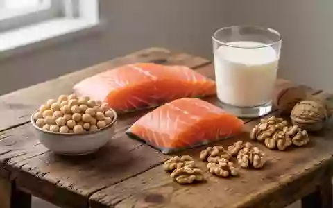 Eine Auswahl gesunder Lebensmittel wie Hülsenfrüchte, Fisch und Milchprodukte auf einem Holztisch. - Foto: über boerse-global.de