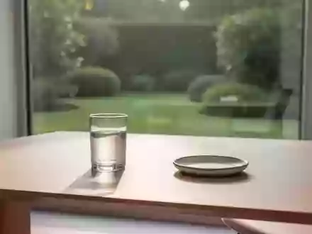 Ein heller, minimalistischer Behandlungsraum mit einem Holztisch, einem Glas Wasser und einem Ausblick in einen Garten. - Foto: über boerse-global.de