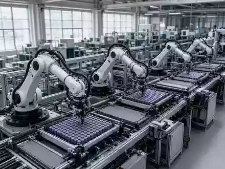 Moderne Fertigungshalle einer Batteriefabrik mit automatisierten Produktionsanlagen und Robotern. - Foto: über boerse-global.de