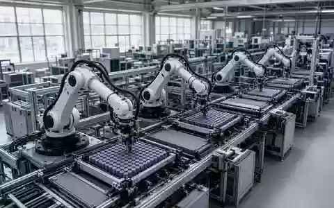 Moderne Fertigungshalle einer Batteriefabrik mit automatisierten Produktionsanlagen und Robotern. - Foto: ĂĽber boerse-global.de