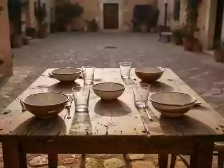 Ein sonnenbeschienener Holztisch auf einem mediterranen Innenhof, der eine friedliche und soziale Atmosphäre ausstrahlt. - Foto: über boerse-global.de