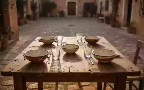 Ein sonnenbeschienener Holztisch auf einem mediterranen Innenhof, der eine friedliche und soziale Atmosphäre ausstrahlt. - Foto: über boerse-global.de