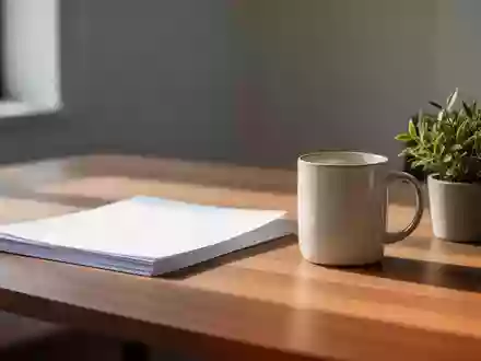 Ein minimalistischer, heller Arbeitsplatz mit einem Holztisch, Papier und einer Pflanze bei natürlichem Tageslicht. - Foto: über boerse-global.de