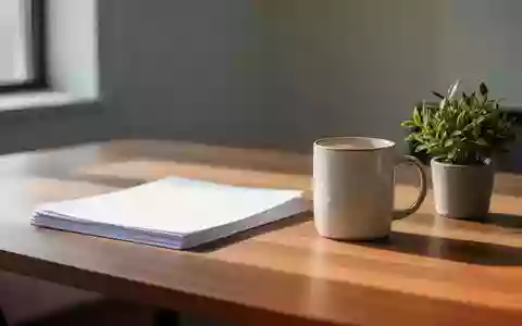 Ein minimalistischer, heller Arbeitsplatz mit einem Holztisch, Papier und einer Pflanze bei natürlichem Tageslicht. - Foto: über boerse-global.de
