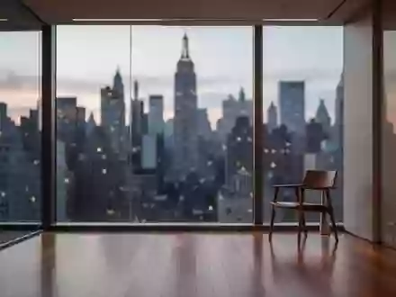 Ein minimalistisches, leeres Büro in New York City mit Blick auf die Skyline bei Dämmerung und natürlichem Lichteinfall. - Foto: über boerse-global.de