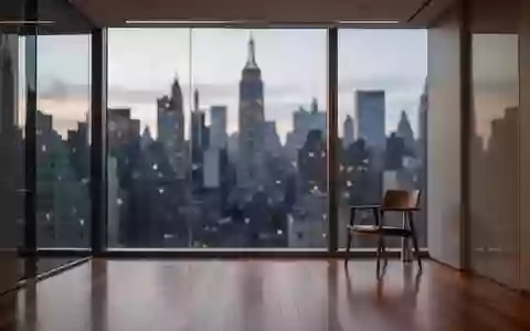 Ein minimalistisches, leeres Büro in New York City mit Blick auf die Skyline bei Dämmerung und natürlichem Lichteinfall. - Foto: über boerse-global.de