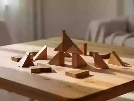 Tangram-Holzpuzzleteile auf einem hölzernen Tisch in einem lichtdurchfluteten, minimalistischen Raum. - Foto: über boerse-global.de