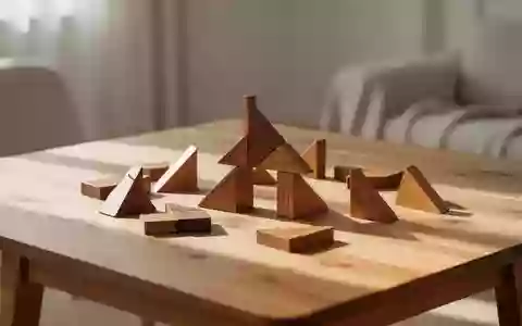 Tangram-Holzpuzzleteile auf einem hölzernen Tisch in einem lichtdurchfluteten, minimalistischen Raum. - Foto: über boerse-global.de