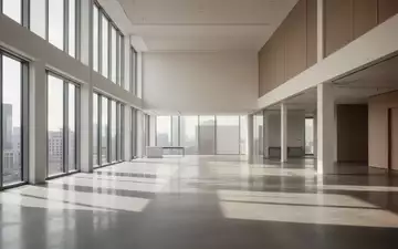Modernes, minimalistisches Büro-Interieur mit hohen Decken und großen Fenstern in einer hellen, offenen Architektur. - Foto: über boerse-global.de