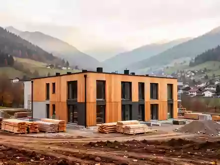 Ein Rohbau für ein neues Wohngebäude in einer bergigen Landschaft im Herbst. - Foto: über boerse-global.de