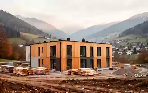 Ein Rohbau für ein neues Wohngebäude in einer bergigen Landschaft im Herbst. - Foto: über boerse-global.de