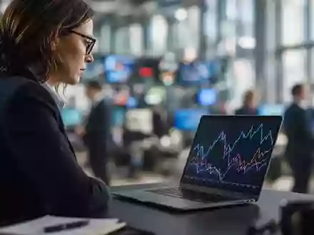 Ein professioneller Finanzberater an einem Laptop in einem modernen Büro mit unscharfem Hintergrund. - Foto: über boerse-global.de
