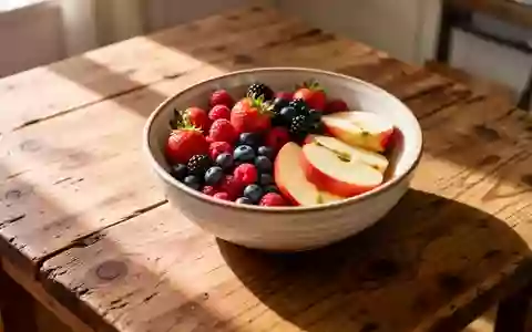 Frisches Obst in einer Keramikschale auf einem Holztisch bei natürlichem Morgenlicht. - Foto: über boerse-global.de