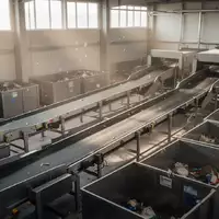 Ein ordentlicher und moderner Innenraum einer industriellen Abfallsortieranlage mit leeren Förderbändern und Metallbehältern. - Foto: über boerse-global.de