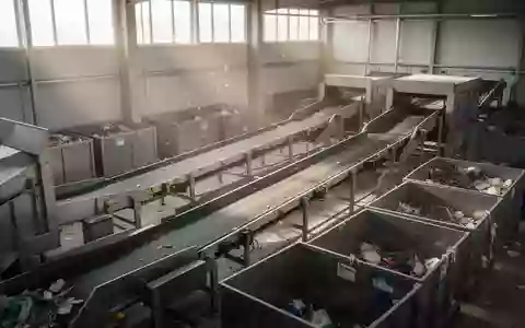 Ein ordentlicher und moderner Innenraum einer industriellen Abfallsortieranlage mit leeren Förderbändern und Metallbehältern. - Foto: über boerse-global.de