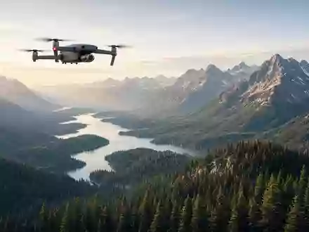 Eine moderne kommerzielle Drohne fliegt über eine weitläufige kanadische Waldlandschaft bei sonnigem Morgenlicht. - Foto: über boerse-global.de