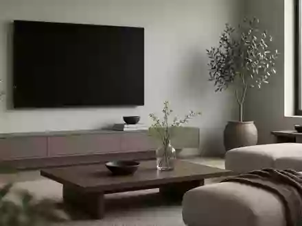 Ein minimalistisches Wohnzimmer mit einem ausgeschalteten Fernseher an einer Wand bei natürlichem Tageslicht. - Foto: über boerse-global.de