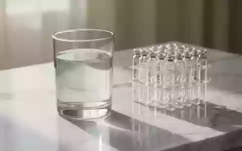 Ein Glas Wasser auf einer weißen Marmoroberfläche neben leeren medizinischen Ampullen in einem hellen Raum. - Foto: über boerse-global.de