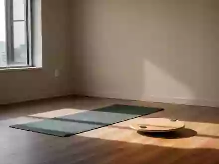 Ein heller, minimalistischer Therapieraum mit einer Yogamatte und einem Balanceboard auf einem Holzboden. - Foto: über boerse-global.de