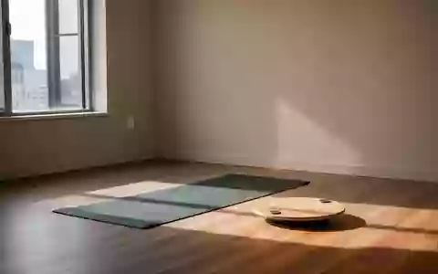 Ein heller, minimalistischer Therapieraum mit einer Yogamatte und einem Balanceboard auf einem Holzboden. - Foto: über boerse-global.de