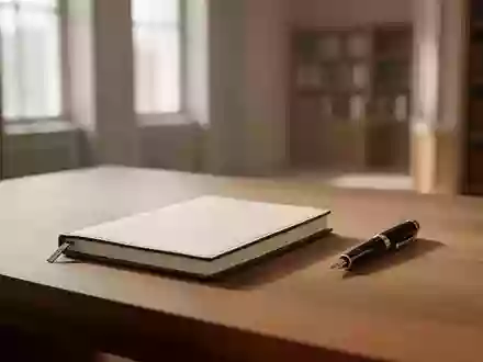 Ein minimalistischer Holzschreibtisch mit einem leeren Notizbuch und einem Füllfederhalter in einer ruhigen, lichtdurchfluteten Umgebung. - Foto: über boerse-global.de