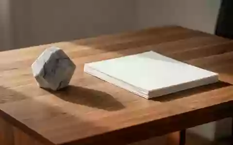 Ein minimalistischer Arbeitsplatz mit einem massiven Eichenschreibtisch, auf dem ein geometrischer Stein und ein Stapel Papier liegen. - Foto: über boerse-global.de