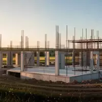 Rohbau eines modernen Architekturprojekts auf einer Baustelle bei Sonnenuntergang - Foto: über boerse-global.de