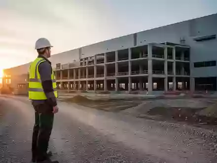 Ein Bauleiter auf einer modernen Baustelle bei Sonnenaufgang mit einem halbfertigen Industriegebäude im Hintergrund. - Foto: über boerse-global.de