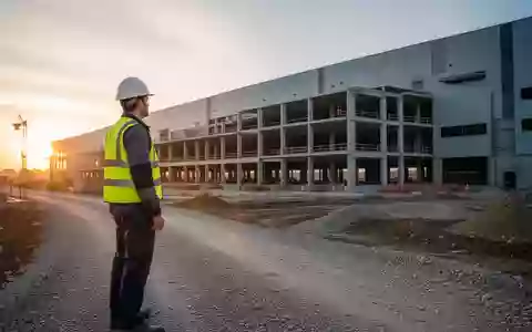 Ein Bauleiter auf einer modernen Baustelle bei Sonnenaufgang mit einem halbfertigen Industriegebäude im Hintergrund. - Foto: über boerse-global.de