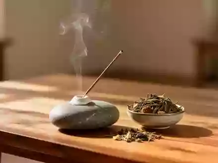 Ein minimalistischer Holztisch mit einem kleinen Räuchergefäß, einem glatten Flusskiesel und getrockneten Kräutern in sanftem Licht. - Foto: über boerse-global.de