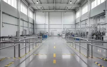 Ein moderner, sauberer Industriebereich mit Sicherheitsmarkierungen auf dem Boden und Metallgeländern in einer Produktionshalle. - Foto: über boerse-global.de