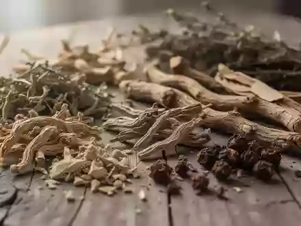 Getrocknete Kräuter und Wurzeln der traditionellen chinesischen Medizin auf einer hölzernen Oberfläche. - Foto: über boerse-global.de