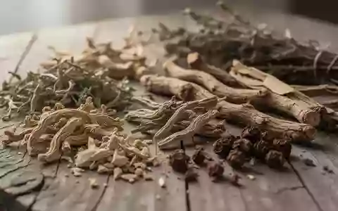 Getrocknete Kräuter und Wurzeln der traditionellen chinesischen Medizin auf einer hölzernen Oberfläche. - Foto: über boerse-global.de