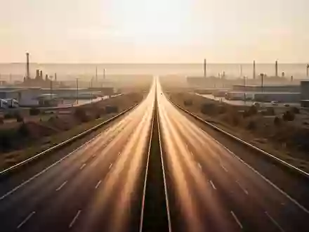Eine leere mehrspurige Autobahn in der Abenddämmerung, die durch eine industrielle Logistiklandschaft führt. - Foto: über boerse-global.de