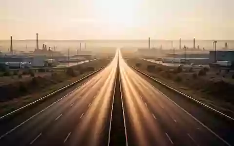 Eine leere mehrspurige Autobahn in der Abenddämmerung, die durch eine industrielle Logistiklandschaft führt. - Foto: über boerse-global.de