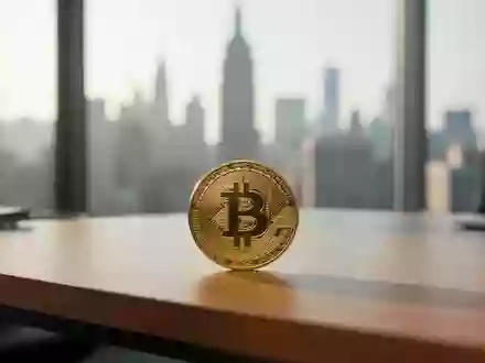 Eine physische Bitcoin-MĂĽnze auf einem Schreibtisch in einem modernen BĂĽro vor einer verschwommenen Skyline. - Foto: ĂĽber boerse-global.de