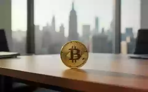 Eine physische Bitcoin-Münze auf einem Schreibtisch in einem modernen Büro vor einer verschwommenen Skyline. - Foto: über boerse-global.de