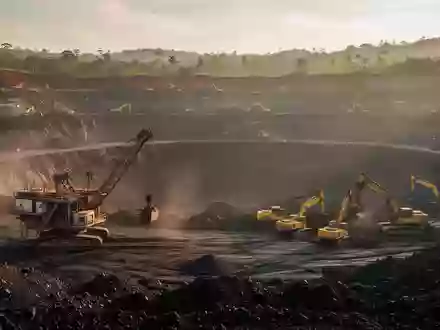 GroĂźer Tagebau mit schweren Baumaschinen und Erdschichten bei Sonnenuntergang. - Foto: ĂĽber boerse-global.de