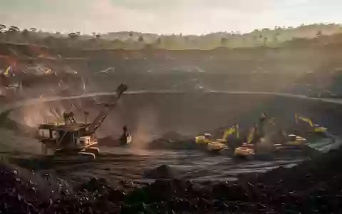 Großer Tagebau mit schweren Baumaschinen und Erdschichten bei Sonnenuntergang. - Foto: über boerse-global.de