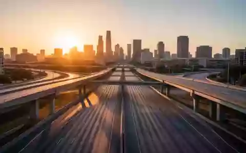 Eine weitläufige, moderne Autobahnkreuzung in einer US-Großstadt während des Sonnenuntergangs. - Foto: über boerse-global.de