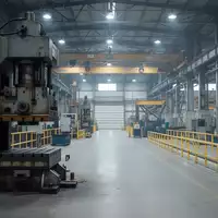 Industrielle Fertigungshalle mit einer schweren Metallpresse und Sicherheitsabsperrungen in einer sauberen Arbeitsumgebung. - Foto: über boerse-global.de