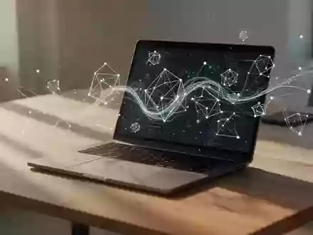 Ein moderner Arbeitsplatz mit einem Laptop, der abstrakte digitale Netzwerkverbindungen darstellt. - Foto: über boerse-global.de