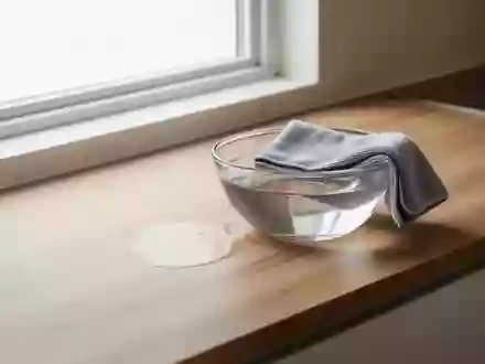Ein sauberes, minimalistisches Kücheninterieur mit einem Mikrofasertuch und einer Schale mit klarem Wasser auf einer Arbeitsplatte. - Foto: über boerse-global.de