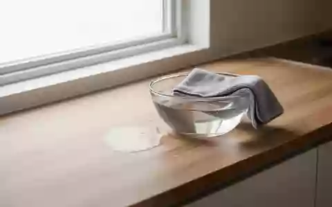Ein sauberes, minimalistisches Kücheninterieur mit einem Mikrofasertuch und einer Schale mit klarem Wasser auf einer Arbeitsplatte. - Foto: über boerse-global.de