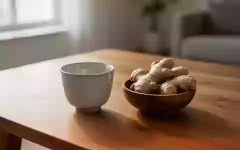 Ein hölzerner Tisch mit einer leeren Teetasse und einer Schale mit Ingwerwurzeln in natürlichem Licht. - Foto: über boerse-global.de